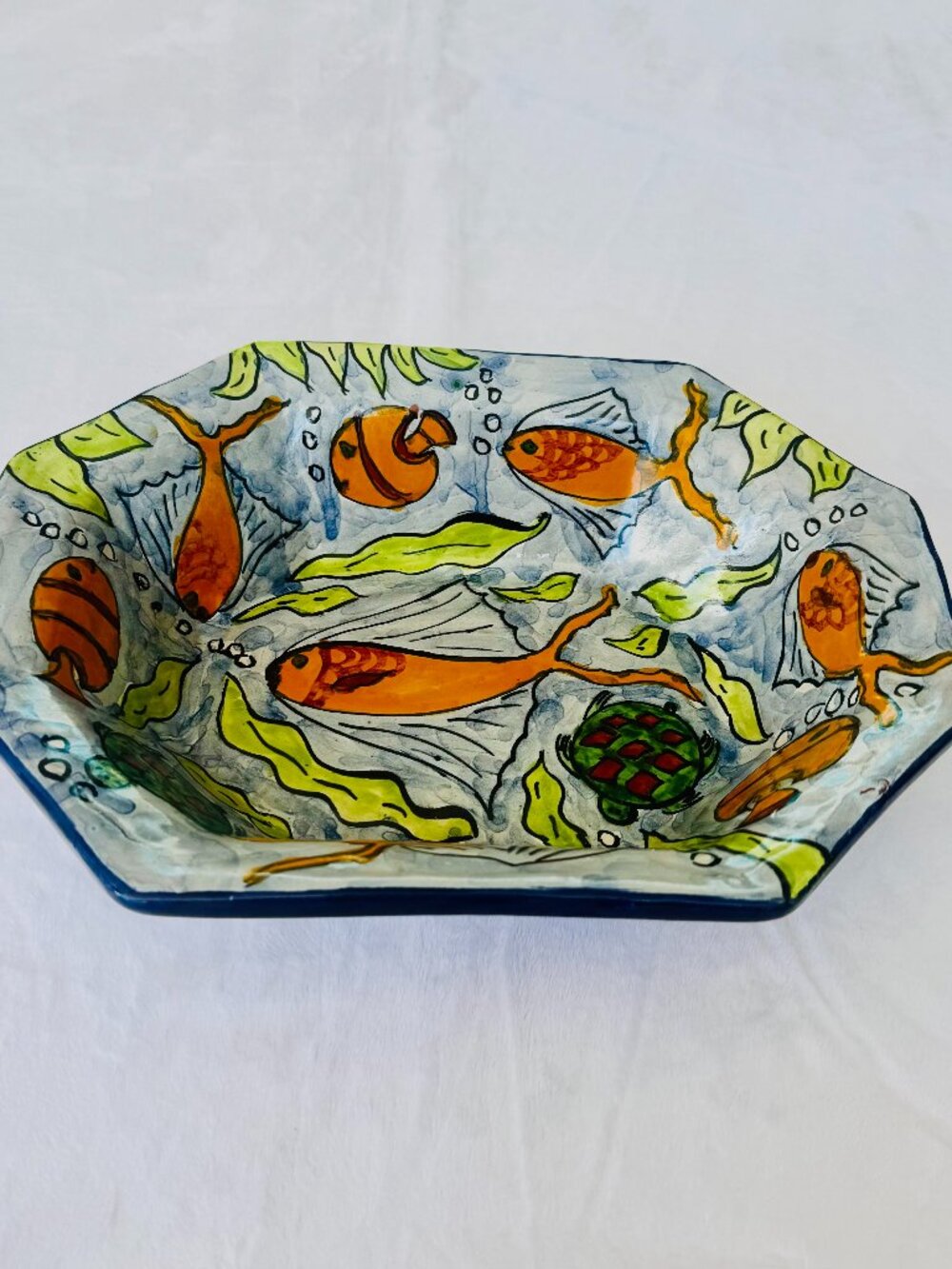 Vtg  Octagon Mexican Pottery Ceramic 13" Handmade Painted Fish Plate Folk READ